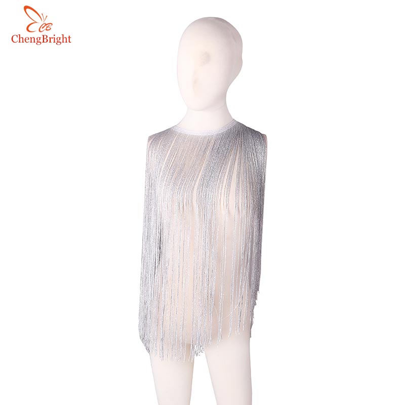CHENGBRIGHT-adorno de flecos de encaje de seda plateada, accesorios de ropa de escenario, flecos, flecos, 1 yarda, 50cm de ancho