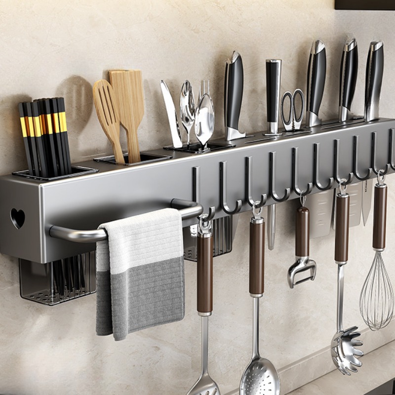 Køkkenorganisator knivhylde opbevaringsboks husholdningsknivhylde ske- og spisepindeholder ingen hul nødvendig hængende opbevaringsboks: Lysegrå