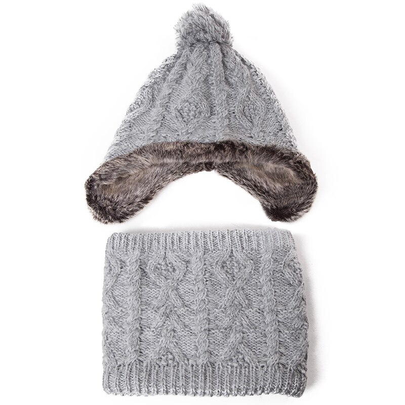 Fancet kvinder vinter bomber hat sæt varm uld blød pompon øreklap hatte solidt tørklæde balaclava søde afslappede kasketter hatte 89216: Grå