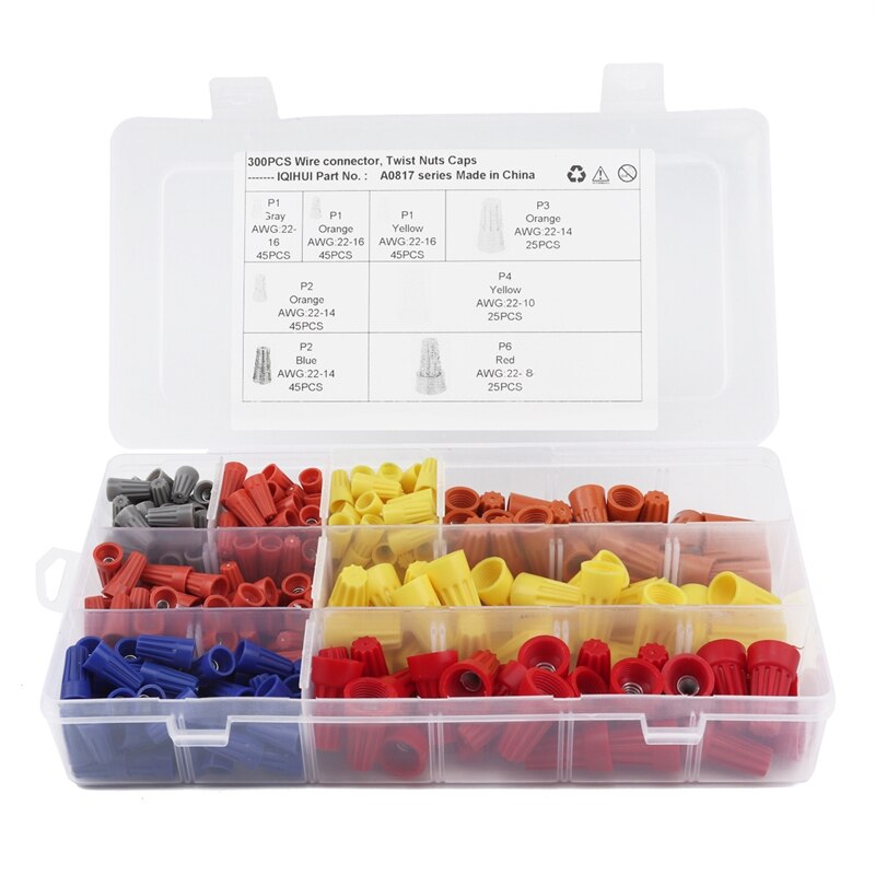 300 PCS Wire Connector Twist on Electrical Nut Spring Cap Easy Twist-On Ribbed Cap Assortment - Grey, Blue, Orange, Yellow, and