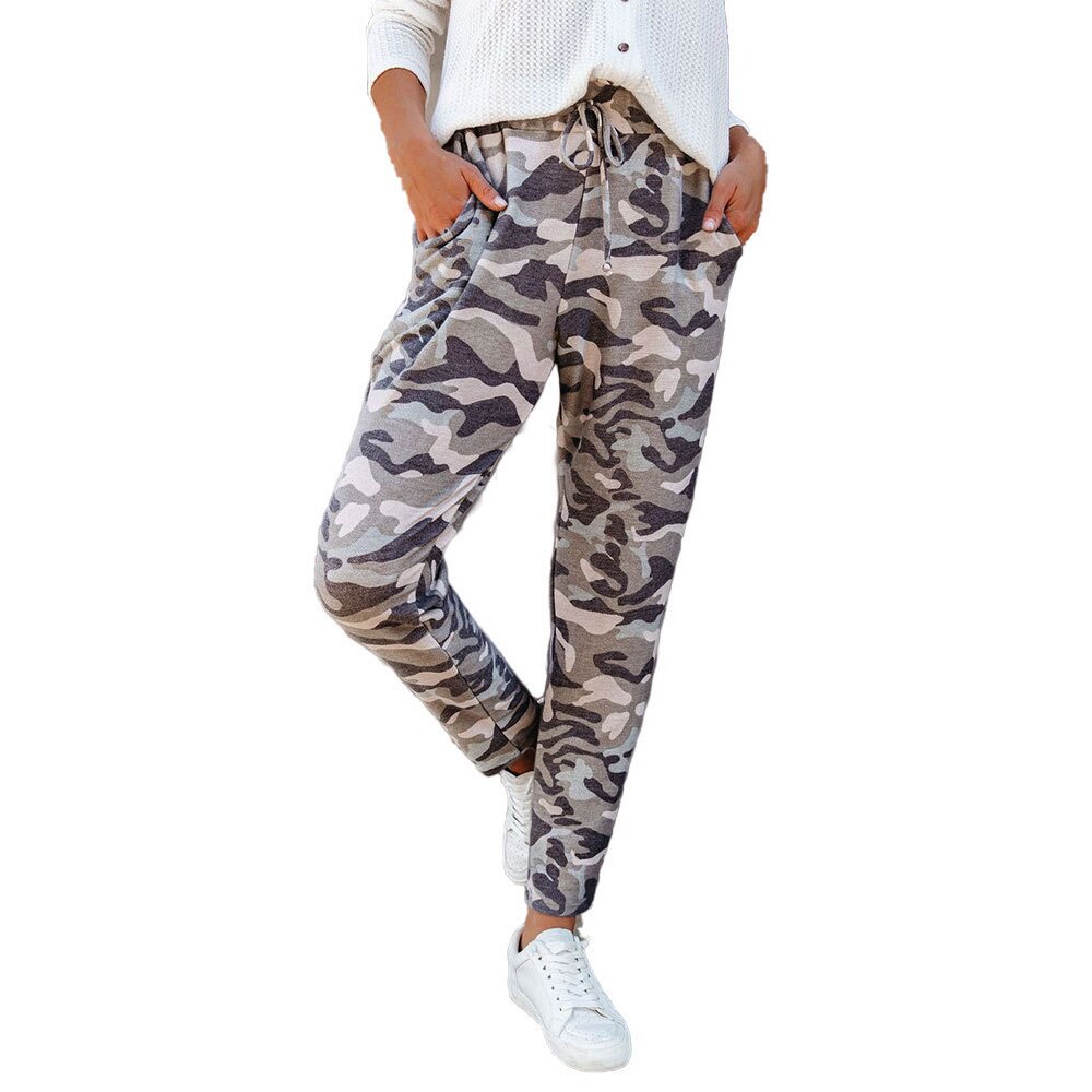 Pantalones para correr con estampado de camuflaje para mujer, pantalón largo con cintura elástica y cordones, con bolsillos, ropa deportiva informal para correr y Fitness: Gris / S