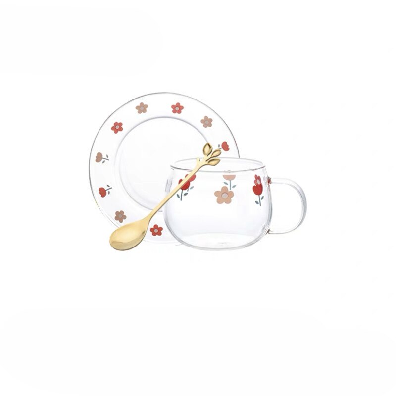 Japansk genomskinlig blomma glas mjölkkopp med sked och fat set kaffe frukost mugg dessert tallrik söt enkel tekopp: A 3 st