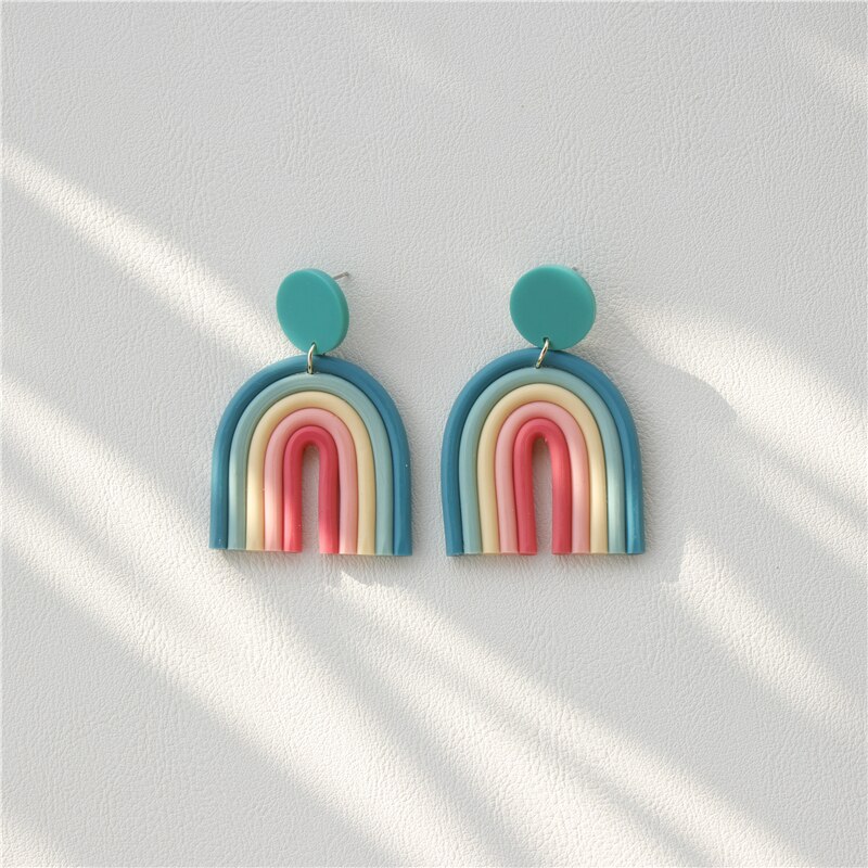 AOMU Ethnic Boho Gradient Ceramic Clay Rainbow Color Arched Colorful Line Handmade Long Dangle Earrings for Women Jewelry: 4