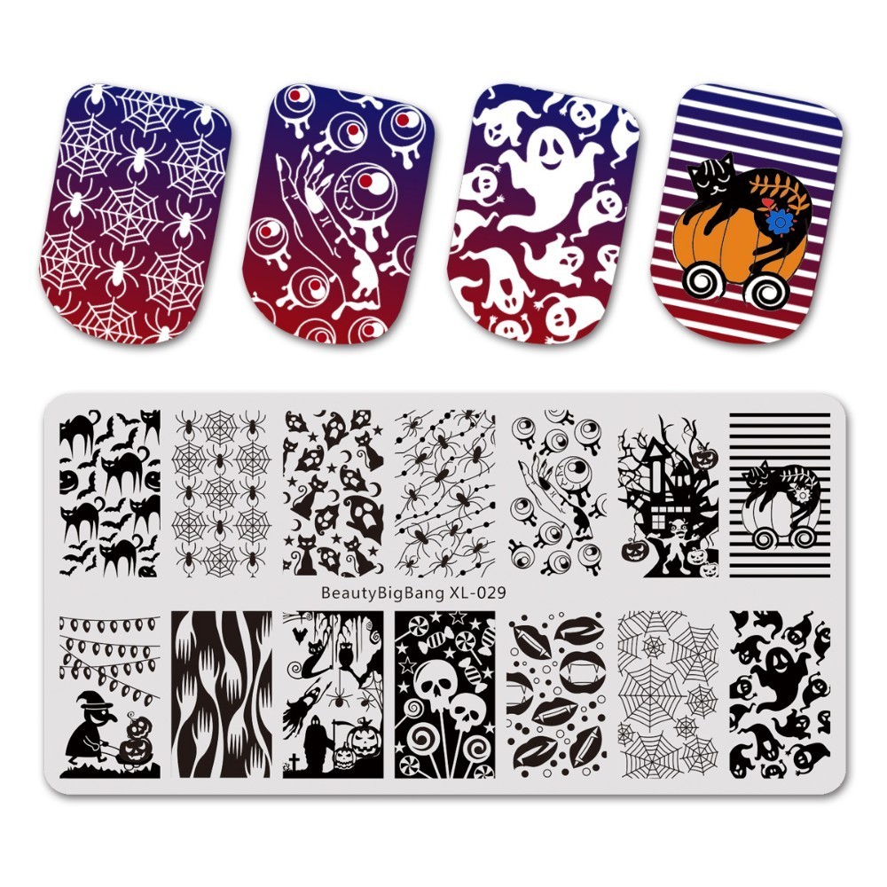 Beautybigbang negle stempling plader halloween edderkop kraniet græskar heks billede nail art skabelon stencil til negle bbb xl -027: 29