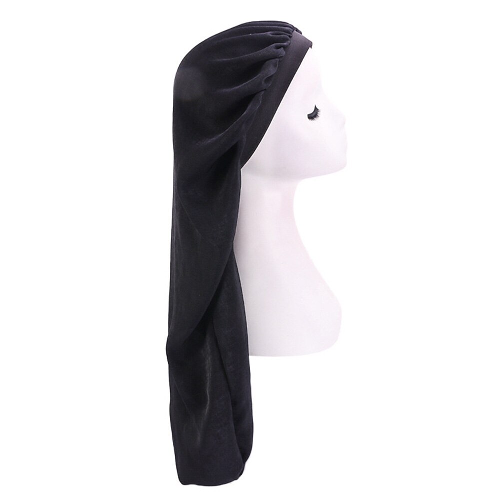 Gorro Floral largo de satén con cola para mujer, gorro para dormir de noche, herramienta de salón, gorro Herramienta de Peinado para el cuidado del cabello: Black