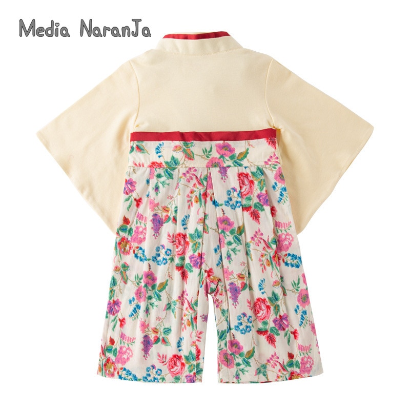 Baby Meisjes Lente Herfst Lange Mouwen Baby Jumpsuit Japanse Stijl Witte Bloemen Gedrukt Patroon Strik Gedrukt Kimono Romper