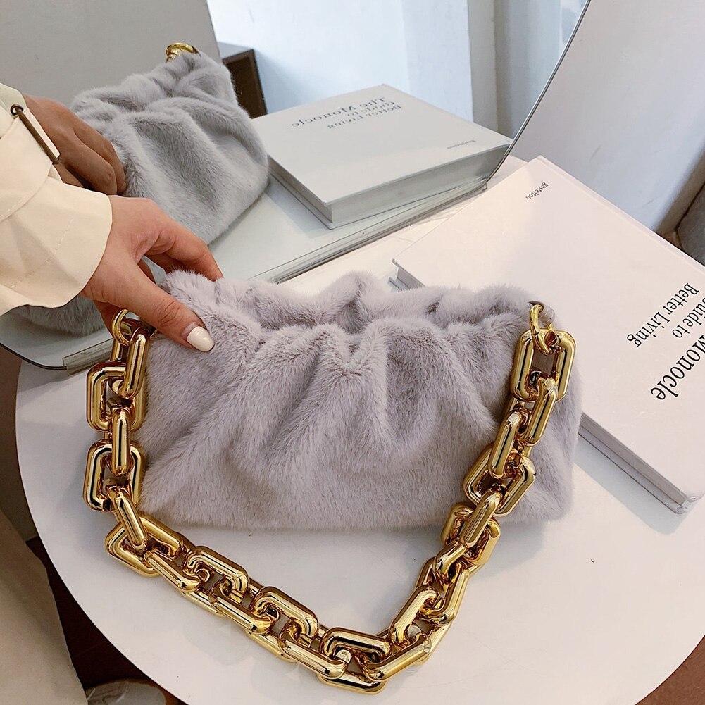 Vrouwen Cloud Handtas Totes Pluche Zachte Toevallige Dame Dikke Chain Purse Reizen Schouder Onderarm Top-Handvat Tassen: Grijs