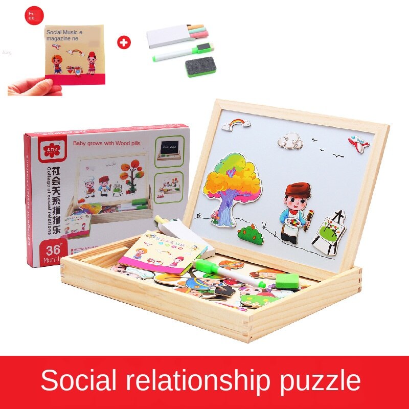 Kids Educational Learning Toy Wooden Magnetic Puzzle Toys for Children Jigsaw Animals/Circus Drawing Board with Box: K