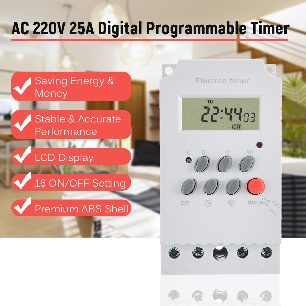 AC 220V 25A Digital Programmable Timer Din Rail Electronic Timer Time Switch Controller with LCD Display Clock Easy-to-use