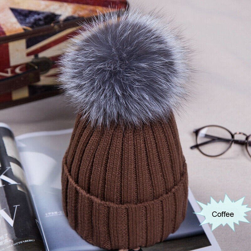 Gorro cálido de invierno para mujer, pompón esponjoso, grande, de piel sintética, negro, azul, blanco y rosa