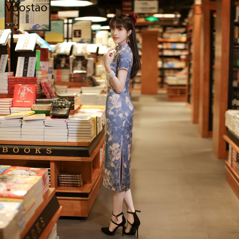Vestido Qipao tradicional de estilo chino para mujer, con estampado Floral Cheongsams, , Vintage, para
