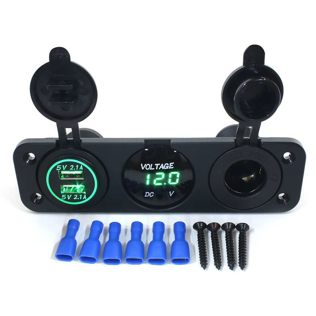 Dobbelt usb-stik oplader 2.1a+2.1a 12v cigarettænder led voltmeter 3 in 1 oplader panel til bil motocykel båd marine lastbil: Grøn