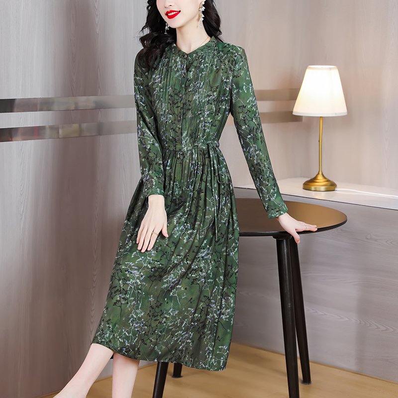 Sidenklänning tryck långärmad grön satin midiklänning kvinnor vintage casual festklänningar vår höst vestidos