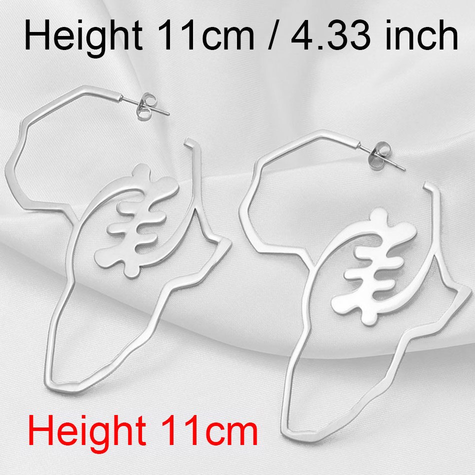 Anniyo Bigger Africa Map Earrings Gold Color Stainless Steel Adinkra Nyame Big Earrings Stud Ethnic large Jewelry Symbol #131221: 11cm Silver Color