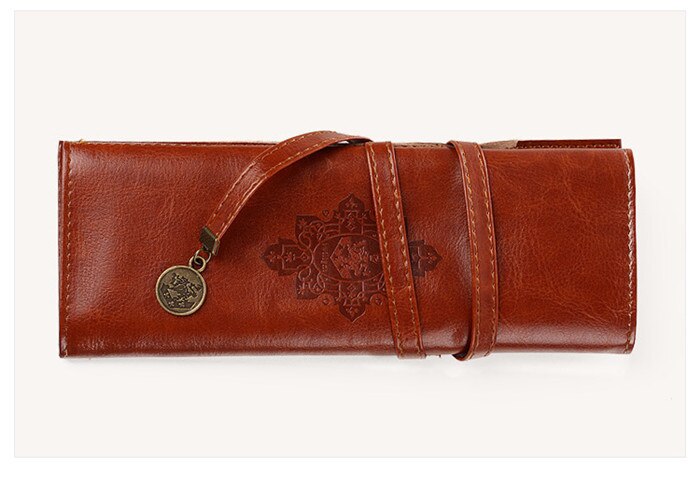 Vintage Roll PU Leather Pencil Case Twilight Pen Pouch Student Stationery Woman Cosmetic Storage Bag Pencilcase: Brown
