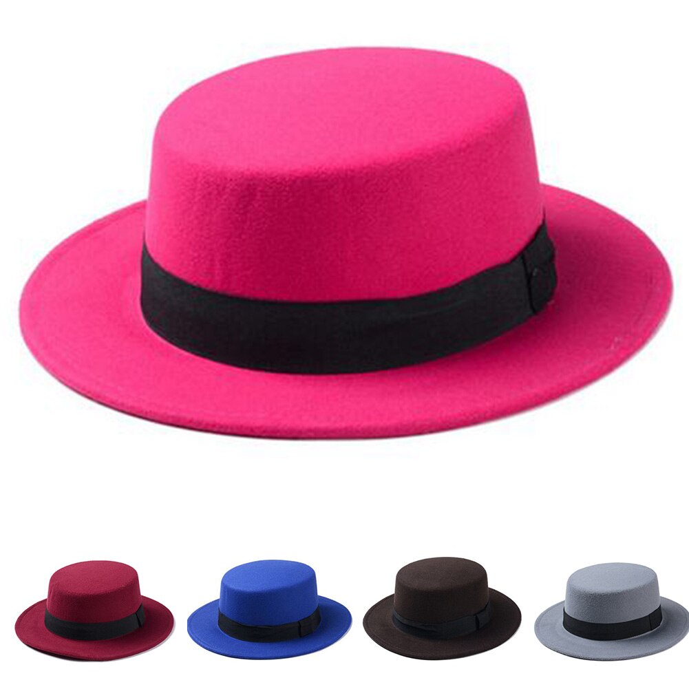 Wool Boater Flat Top Hat For Women's Felt Wide Brim Hat Laday Prok Pie Chapeu de Feltro Bowler Gambler Top Hat