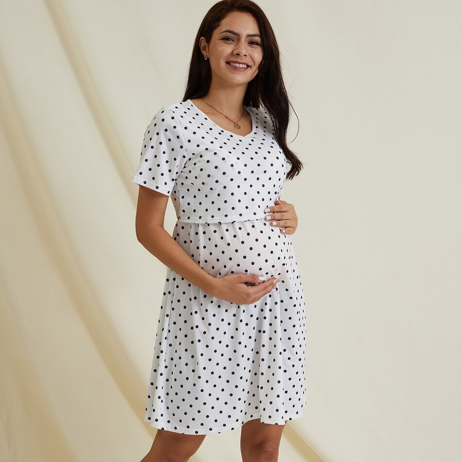 PatPat Maternity Dress Spring Summer Trendy Pregnancy Dress Solid Short-Sleeve Nursing Dress For Pregnant Women: White / L