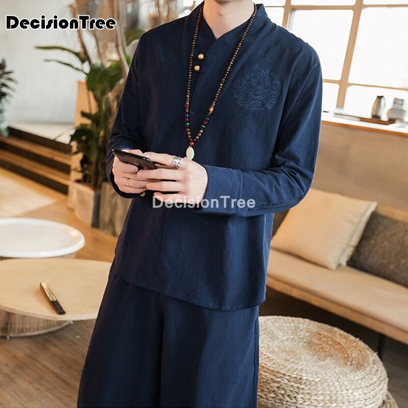 hommes traditionnel chinois ensemble à manches longues coton kungfu mandarin col dragon tang costume Kung Fu ensemble asiatique Taichi Tang costume