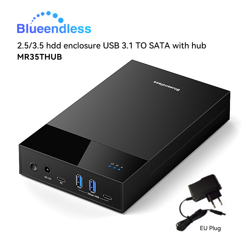 Blueendless 2.5/3. 5 HDD/SSD Enclosure with USB3.0 HUB support 18TB TYPE C TO SATA Adapter tool free HDD case with 12V Power ada: Silver