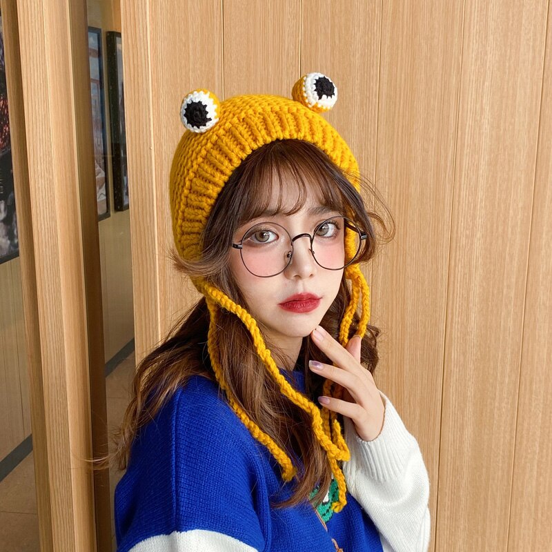 Sombreros de invierno con pompón para mujer, sombrero de rana adorable, de ganchillo, grande, tejido para niña, gorro de disfraces, gorros de navideña,: Yellow