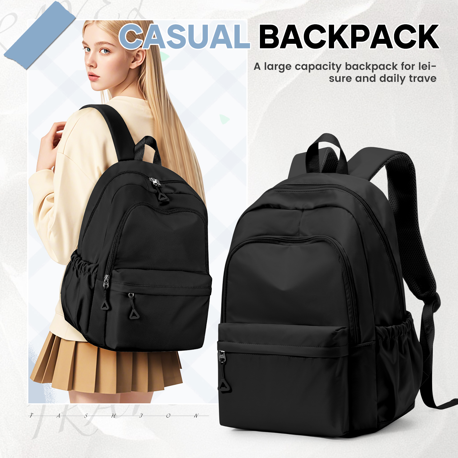 Schulrucksäcke für Teenager, Handgepäck-Rucksack, Kinderrucksack für Jungen und Mädchen, lässiger Reiserucksack, Wochenendtaschen für Damen: schwarz