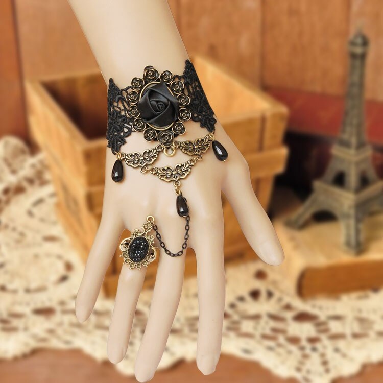 robe victorienne Costume gothique noir Rose dentelle Lolita femmes Bracelet H9