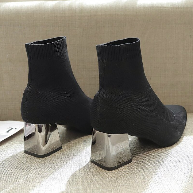 Vrouwen Schoenen Martin Laarzen Hoge Hak Stretch Stof Enkellaarsjes Voor Vrouwen Mode Wees Sok Schoenen Zapatos De mujer