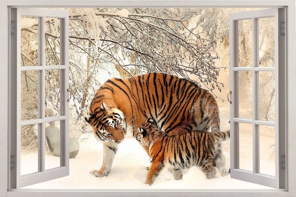 3D Window Stickers Winter Tigers Animal Wall Decal Art Removable Wallpaper Mural Sticker Vinyl Home Decor