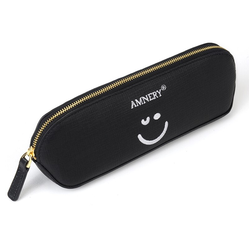 Amnery Leren Pennen etui - Hand Geborduurd Smiley Rits Potlood Tas