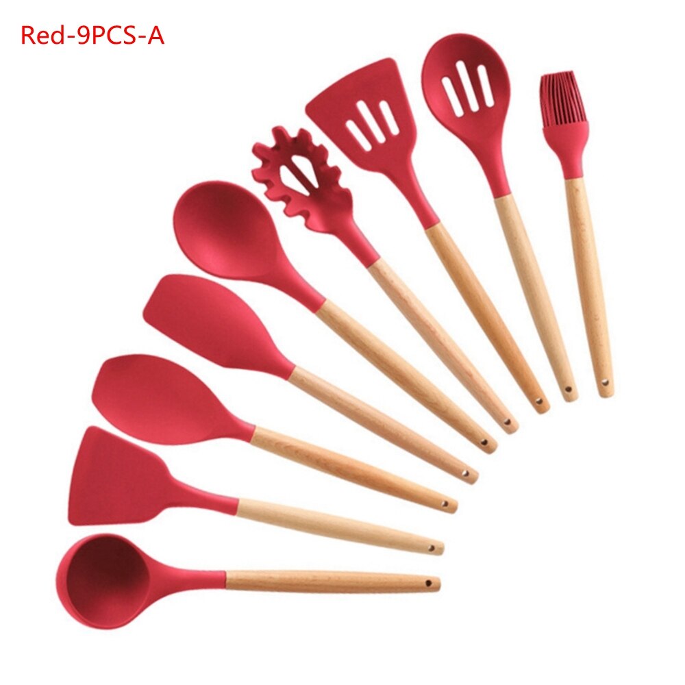 9/11Pcs Silicone Cooking Utensils Set Non-stick Spatula Shovel Wooden Handle Cooking Tools Set Kitchen Tools: 9Pcs-A Red