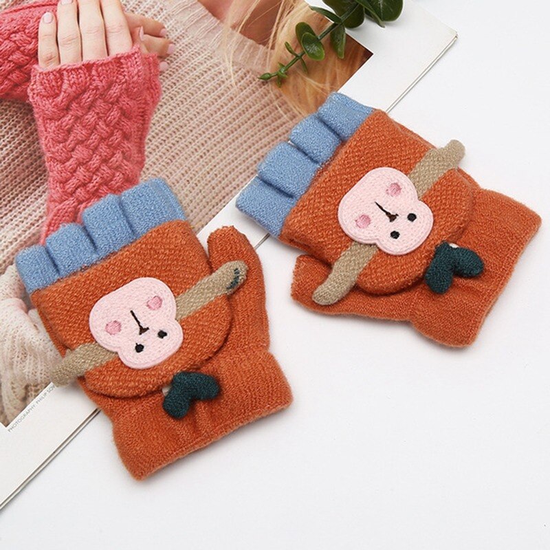 Cartoon Baby Gloves Boy Girl Winter Knitted Gloves Warm Convertible Flip Top Fingerless Mittens Gloves for Children Toddler Kid: OR