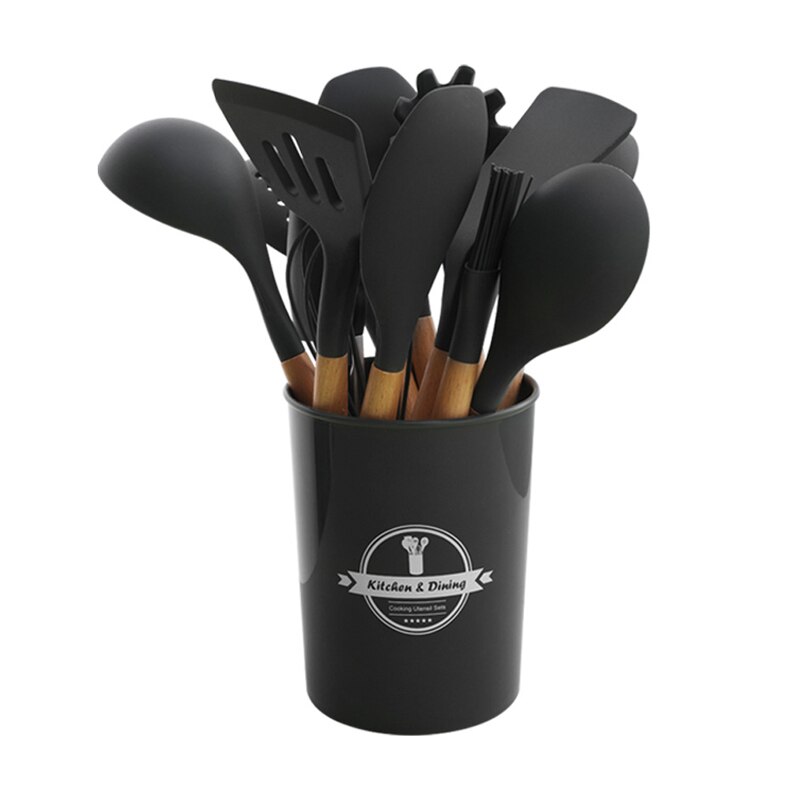11Pcs Siliconen Koken Tools Keukengerei Houten Handvat Kookgerei Set Accessoires Non-stick Spatel Eiklopper: Black