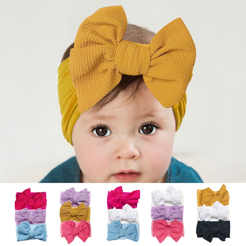 3Pcs/set Big Bows Baby Girl Headband Soft Elastic Nylon Baby Headband Solid Color Toddler Infant Girls Hair Accessories