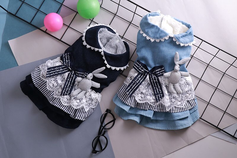 Vestiti per carlino canna Vestito Caldo per L'autunno e L'inverno di colore Blu Vestiti dell'animale Domestico con arco arredamento Cotone di Spessore Carino abiti Ropade Perro