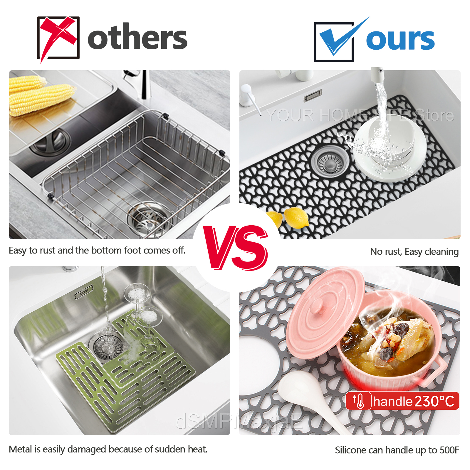 Silikonbeskytter til kjøkkenvask med avløp, rist til kjøkkenvask, sklisikker varmebestandig matte til bunnen av vasken