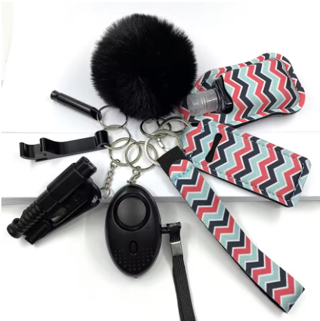 Veiligheidssleutelhanger Volledige set Zelfverdedigingssleutelhanger Set met persoonlijke alarmaccessoires voor vrouwen en meisjes: Donkergrijs