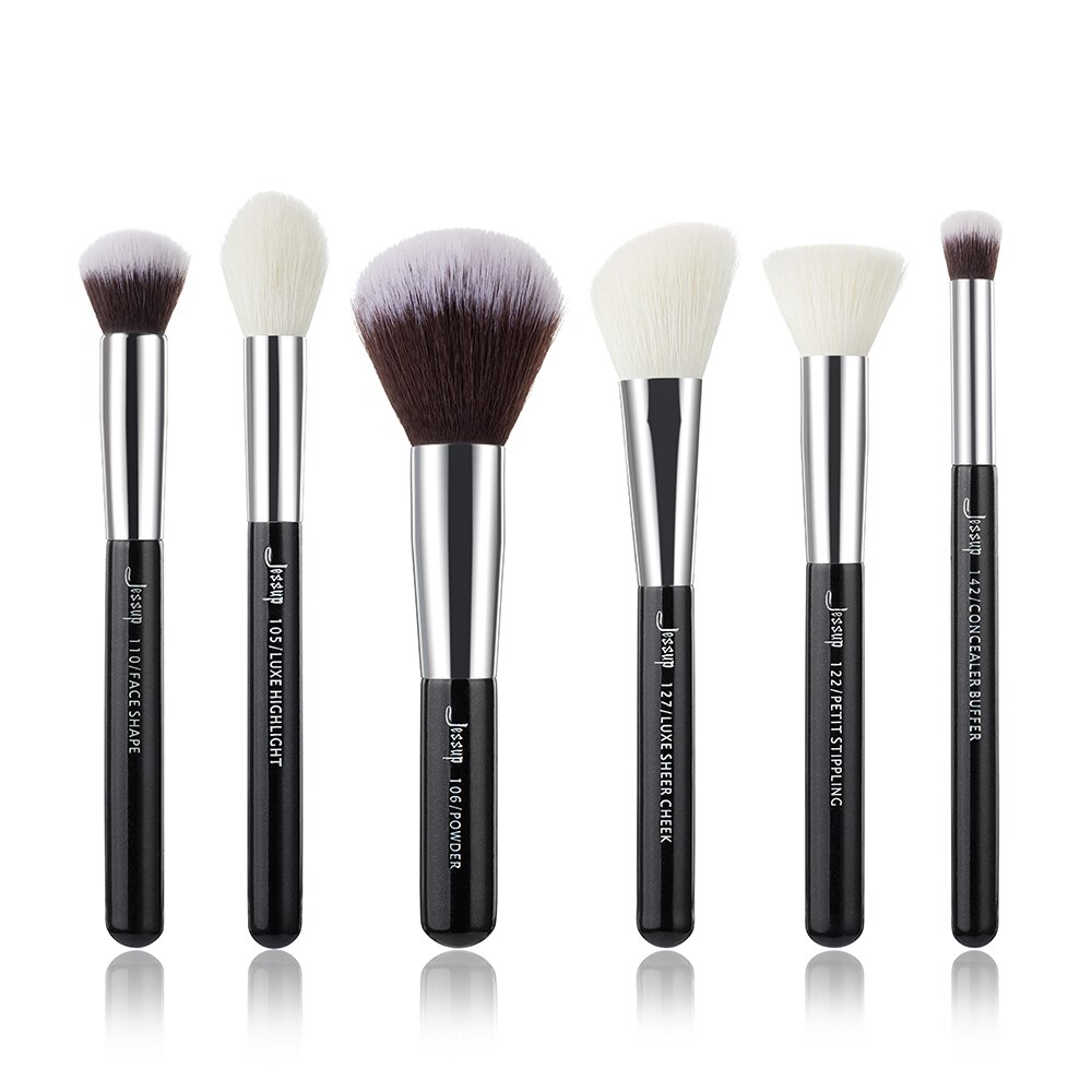 Jessup-Juego de brochas de maquillaje , kit de pinceles de color negro/plateado, herramientas de pintura, pulidor, resaltador de mejillas, pelo natural-sintético: G3-T184-6PCS