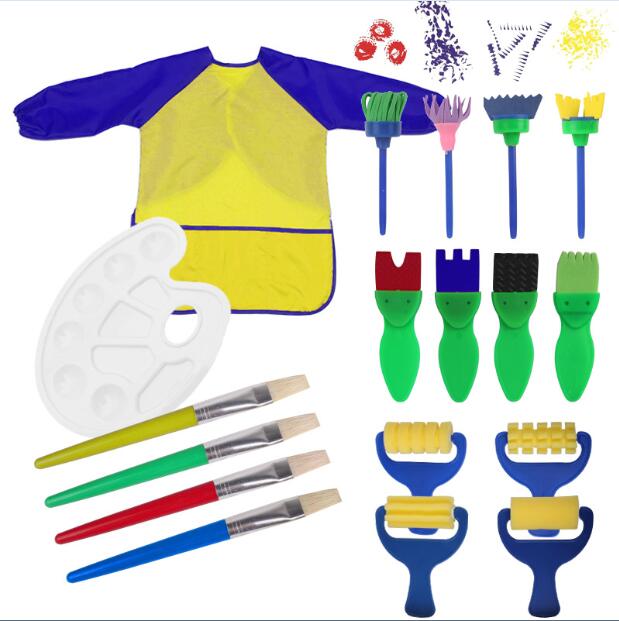 18 stk børnsvampmaleribørster værktøj håndværksbørstesæt med en malingsbakkepalet og vandtæt kunstsmock kunst forklæder: Gul