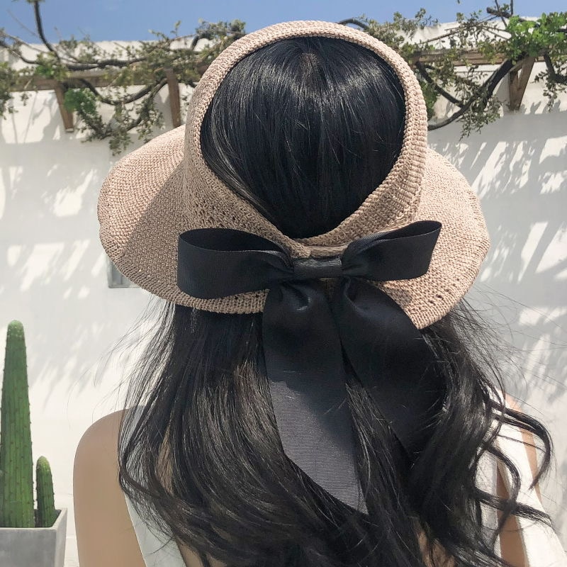 Luna&delfin kvinnor sommar solhatt strand hopfällbar hatt svart rosett khaki solskyddsmedel temperament platt stor brätte halmhattar utomhus