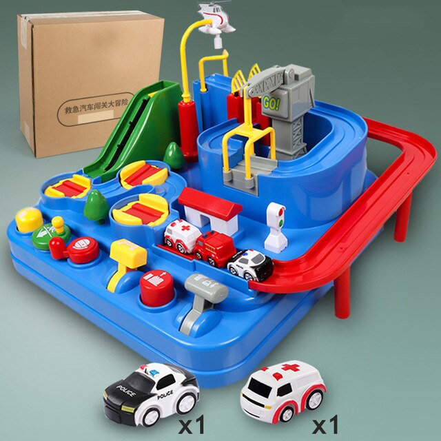 2 in 1 Manual Car Adventure Track Toys for Children Rescue Vehicles Adventure Toys Racing Tracks Rail Car Toys for Boys: Blue A Set