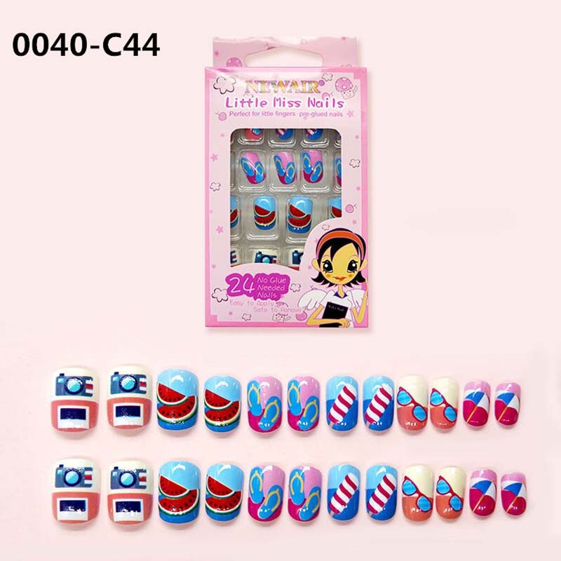 Boîte de faux-ongles courts à pression pour enfants, couverture complète, style différent avec un motif, 24 pièces/boîte, avec colle