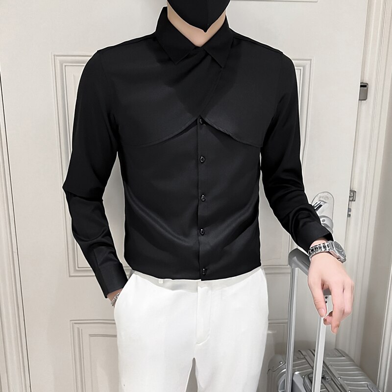 Black/White Spring Personality Spliced Long Sleeve Tuxedo Shirts For Men Clothing 2022 Slim Fit Casual Chemise Homme