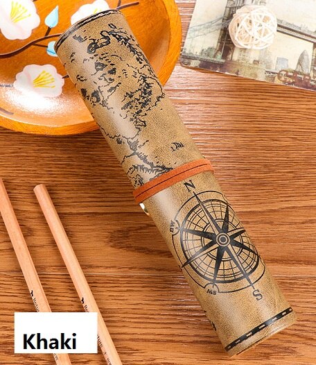 Mariyana etui retro schatkaart etui vintage luxe oprolbaar zakje leren pu etui schrijfwaren: Khaki