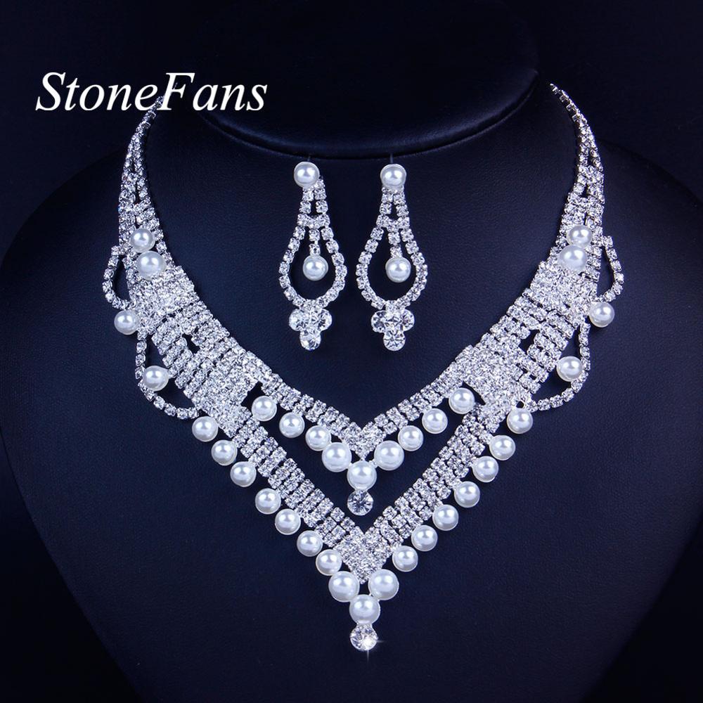 Stonefans Bruiloft Gesimuleerde Parel Sieraden Sets Kettingen Oorbellen Sets Prachtige Rhinestone Crystal Bridal Accessoires