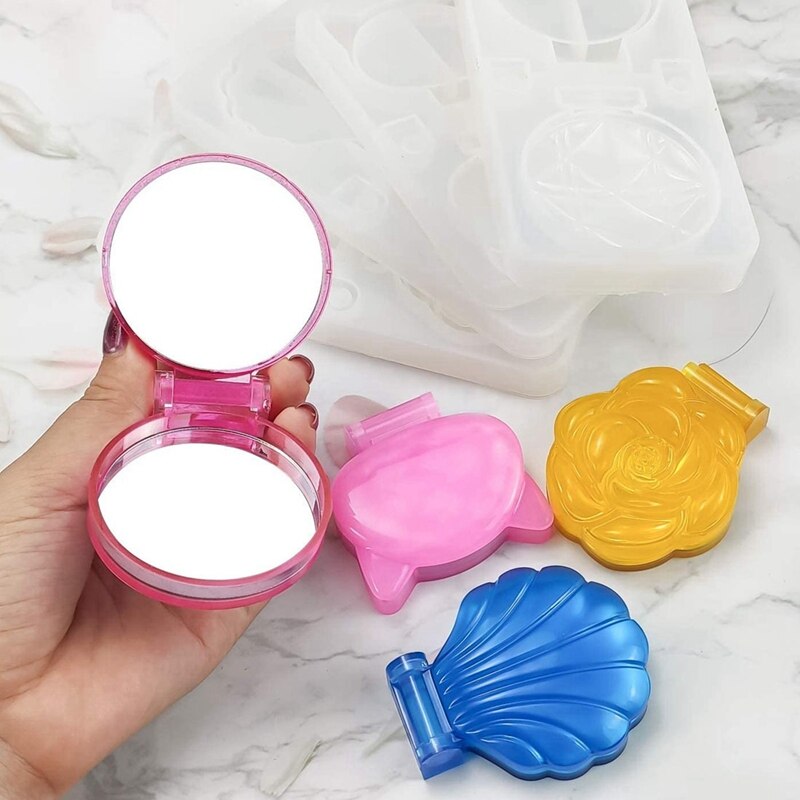 Silicone Resin Mirror Mold-4 Pieces of Folding Compact Mirror Cover Mold with 8 Mirrors, Makeup Mirror Shell for DIY