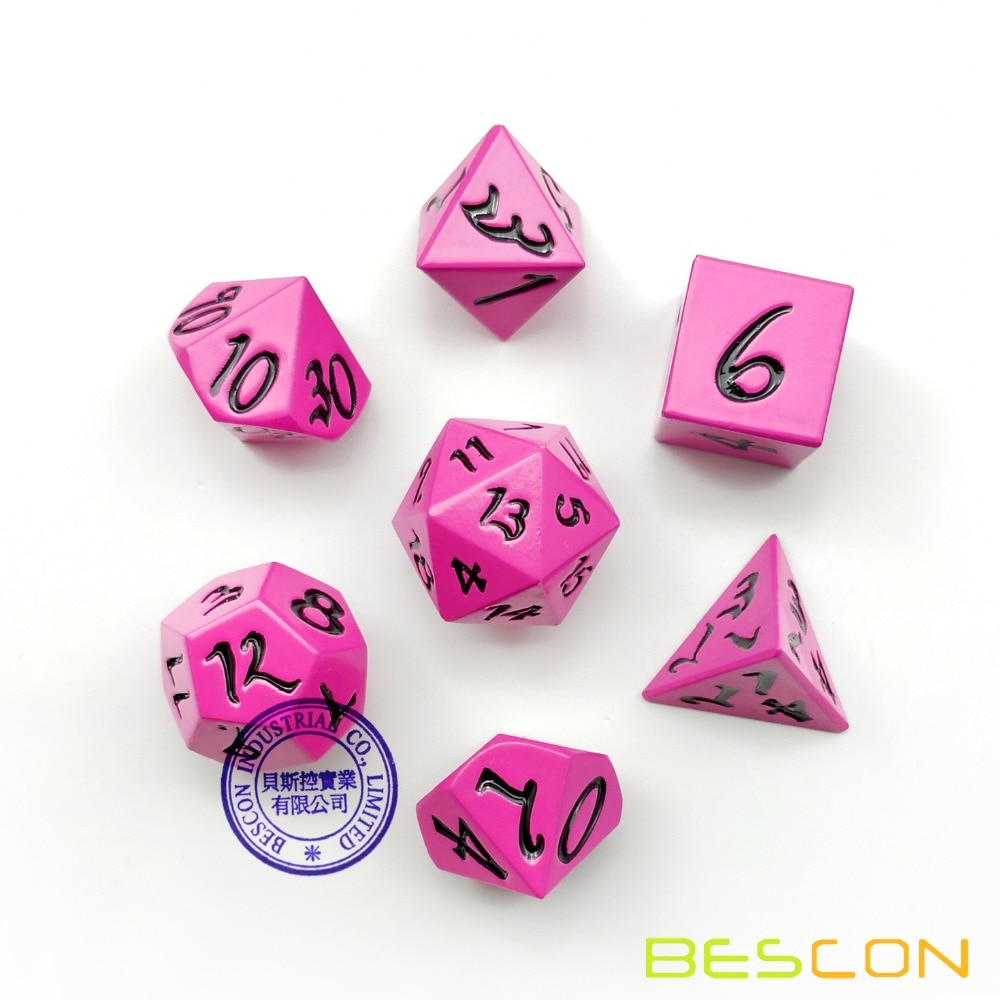Bescon frisk solid metal terningssæt dyb pink, metal rpg miniature polyhedral terning sæt  of 7 til rollespil
