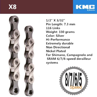Cadena de bicicleta Original KMC X8 X8pl, 8 velocidades, 116 eslabones, ultraligera, 8V, para MTB, 8 s: X8