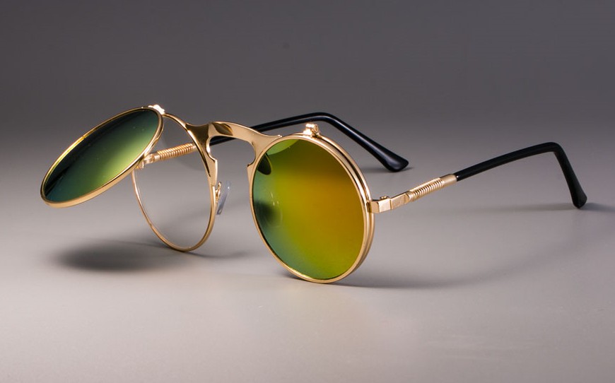 3057 steampunk solbriller rundt metal kvinder stil retro flip cirkulære dobbelt metal solbriller mænd cirkel solbriller: Guld guld rød