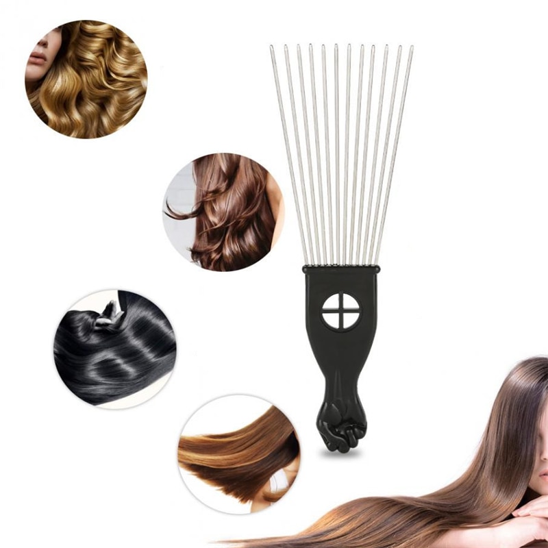 Peine de púas africano de Metal para uso en salón, peine de inserción de pelo, horquilla de Dientes anchos, cepillo para pelo rizado, color negro,