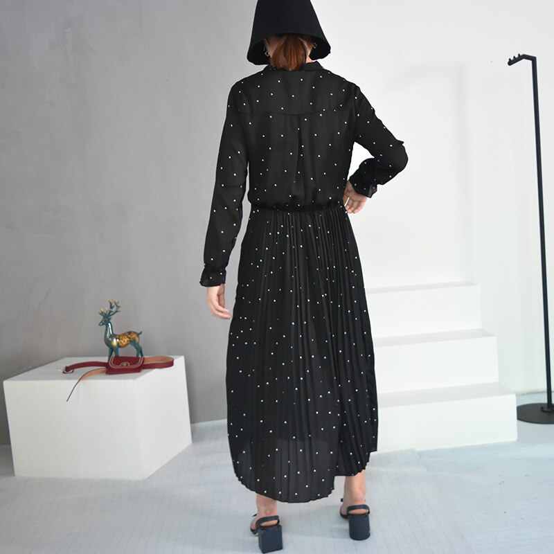[eam] forår rund hals lange ærmer solid sort chiffon prik løs stor størrelse kjole dame tide  ja23601m